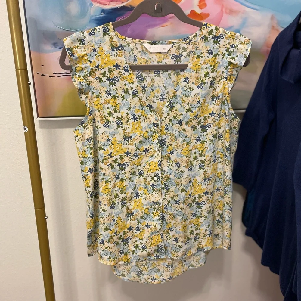 LC Lauren Conrad Yellow and Blue Floral Blouse ruffle cottage flirty feminine - Picture 4 of 5